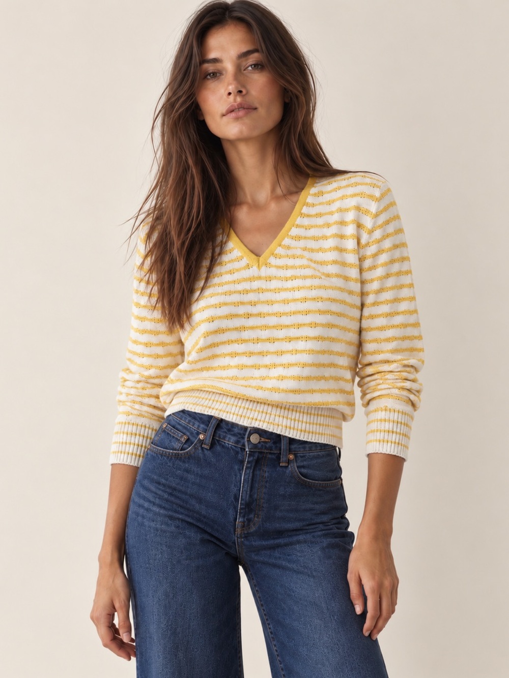 Vintage Yellow & White Striped Pointelle V-Neck Sweater Soft Silky Knit